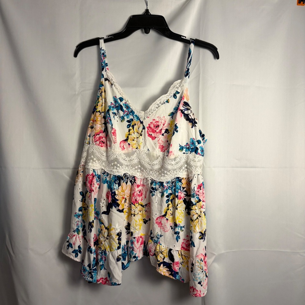 Torrid Floral Lace Trim Smocked Babydoll Cami Top White Multi Color Size 0 L XL